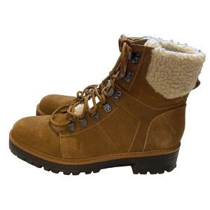 Marc Fisher Boots Isabel Leather Lug Sole Lace Up Brown Suede Shearling Cuff 10M